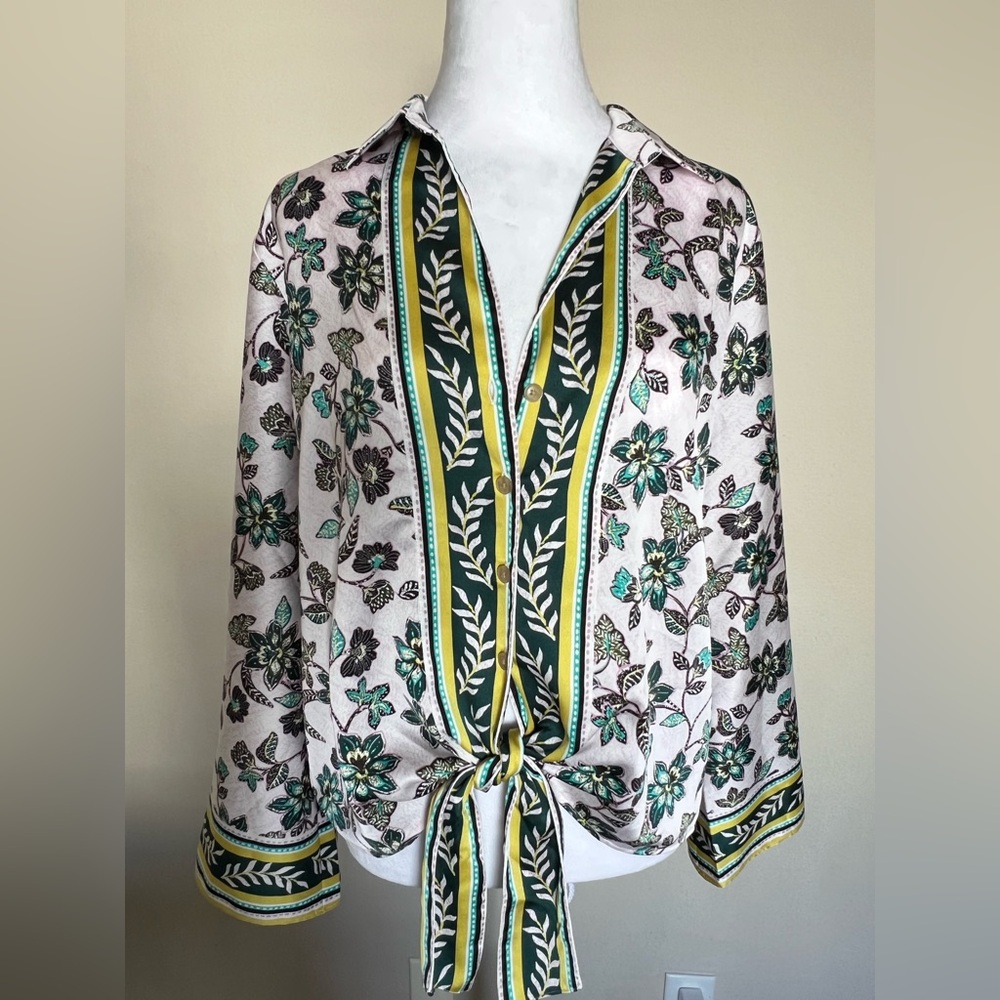LOFT Botanical Tie-Front Blouse - Green, Yellow, and White